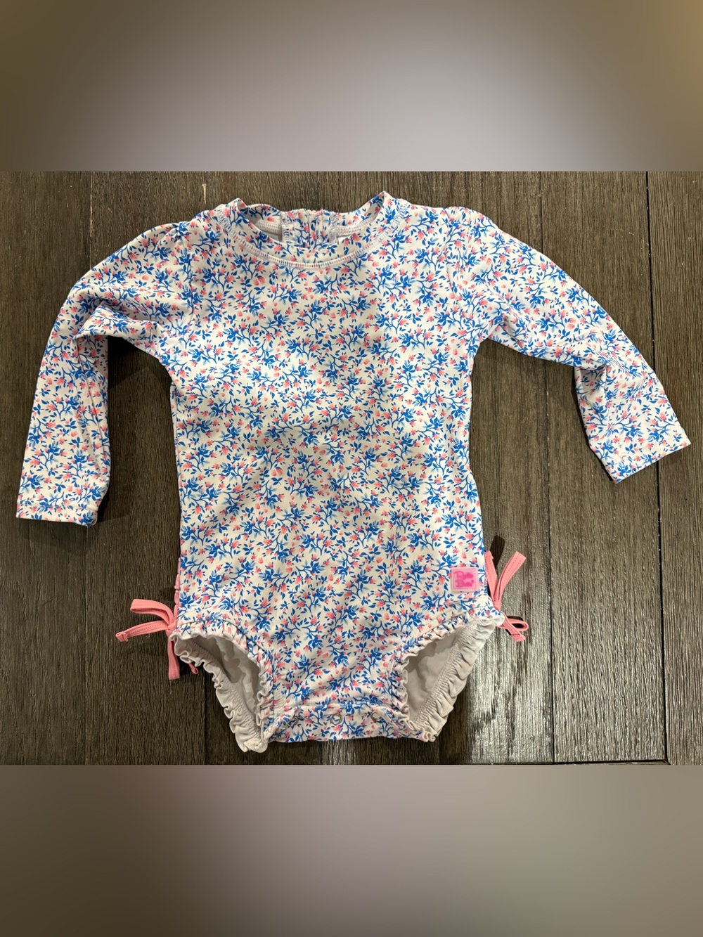 Ruffle Butts White Long-Sleeve Rash Guard with Blue & Pink Floral